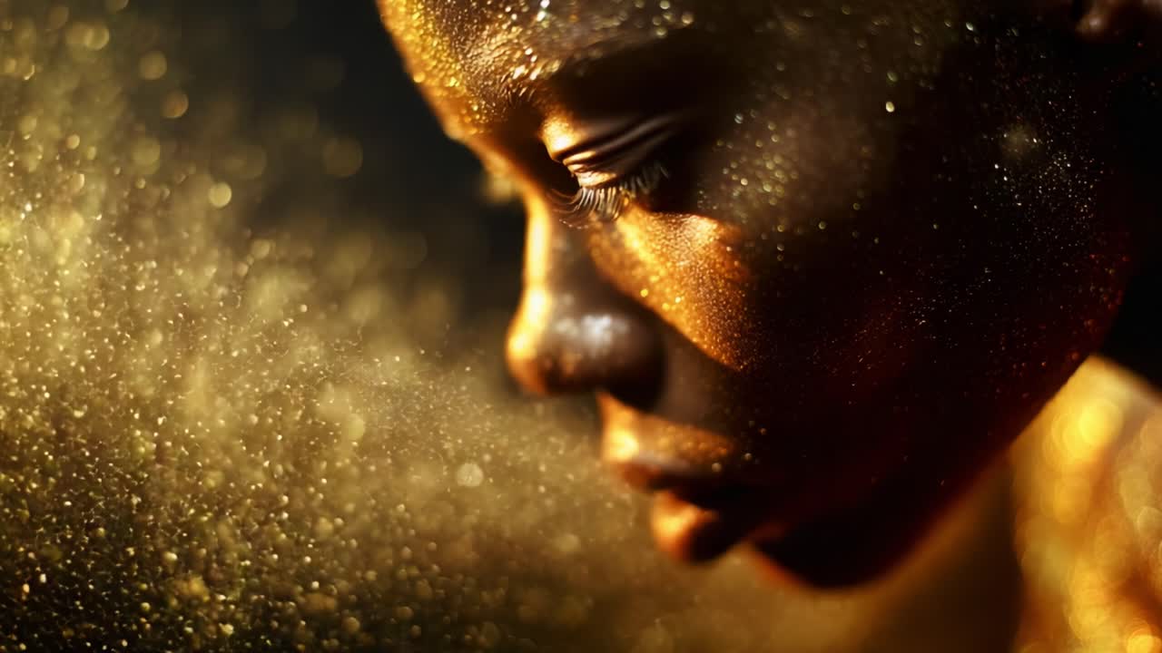 A Captivating Journey Through Sparkling Gold Dust: The Transformation of Light and Shadow on a Subject's Radiant Skin in a Close-Up Elegantly Captured in Two Distinct Frames
