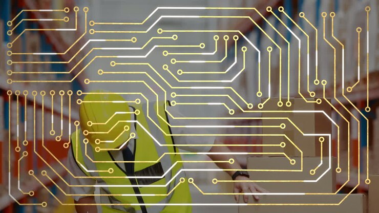 Animation of network of connections over caucasian male worker in warehouse