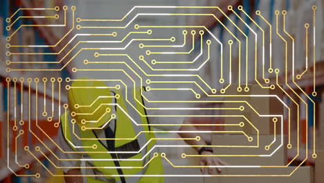 animation of network of connections over caucasian male worker in warehouse