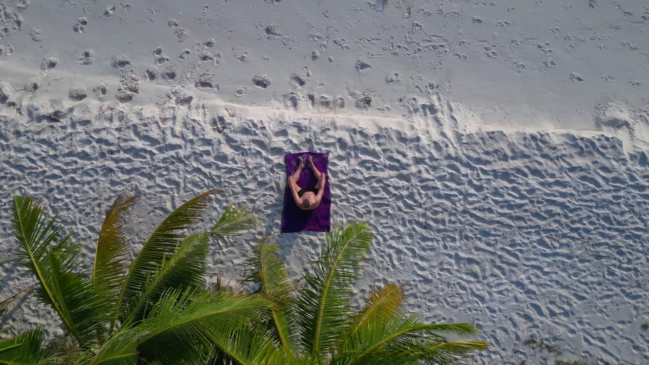Santa claus is enjoying summer holidays on a beautiful tropical beach. Nice aerial view flight speed ramp hyper motion time lapse