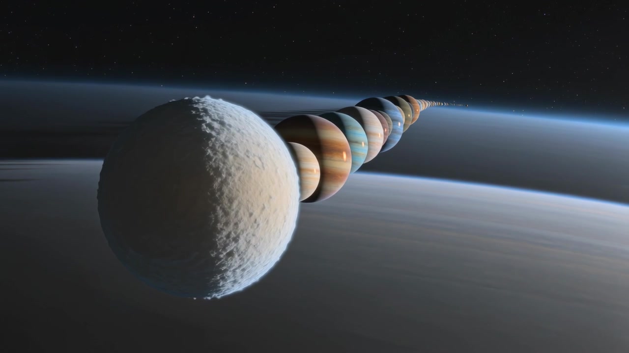 Tracking spacecraft camera moving forward along chain of moons at gas giant limb, surveying layout