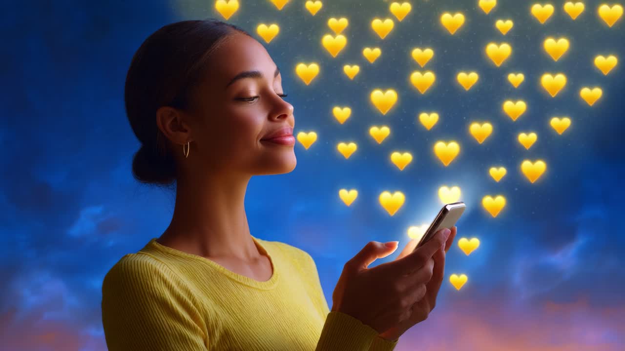A Young Woman in a Yellow Sweater Stands Against a Stunning Background, Holding Her Phone and Experiencing a Heartwarming Moment Filled with Floating Hearts That Illuminate the Scene with Warmth and Joy