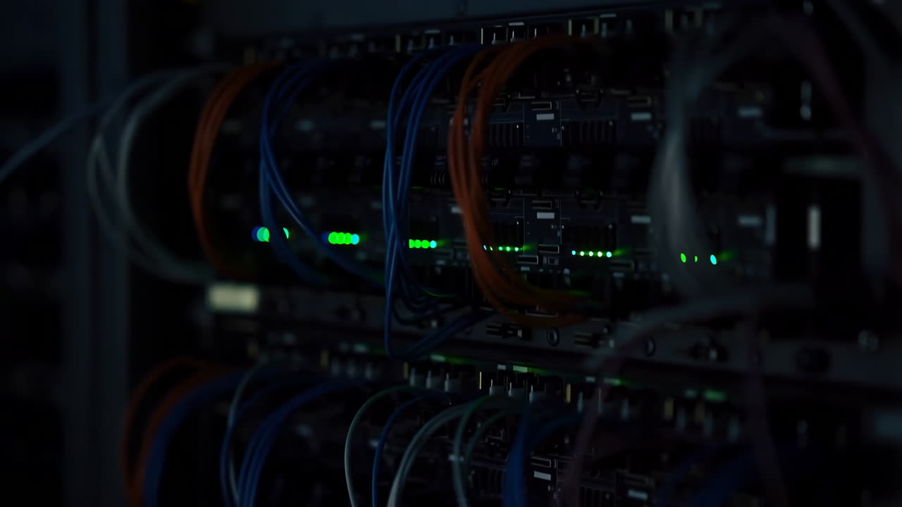 Server Racks with Blinking Lights and Network Cables in a Data Center