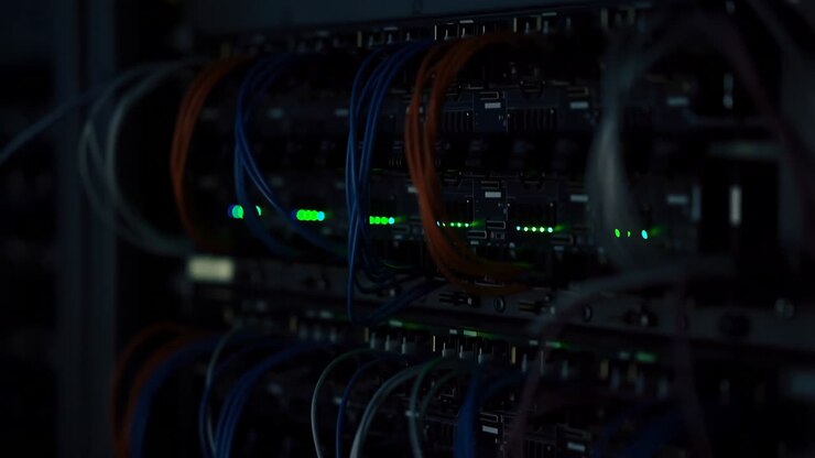 Armadi server con luci lampeggianti e cavi di rete in un data center