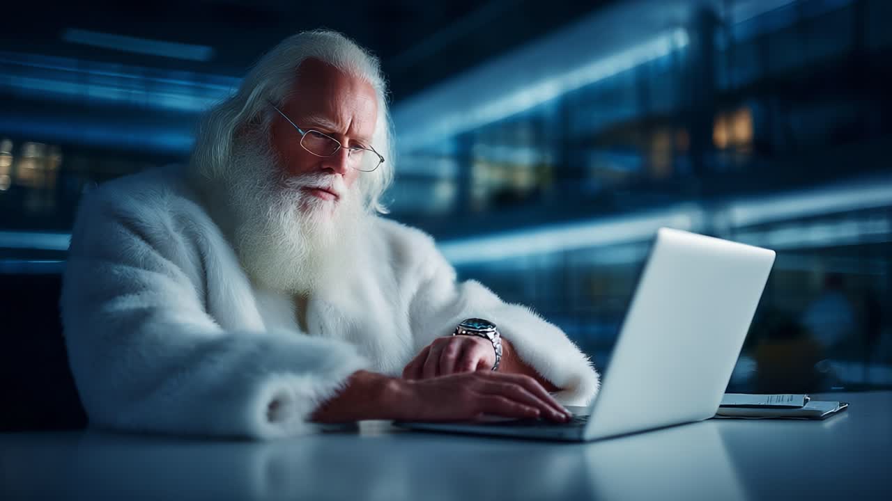 A Wise Figure in a White Fur Coat Engrossed in Technology, Capturing the Essence of Contrast Between Tradition and Modernity in an Elegant Setting with a Laptop