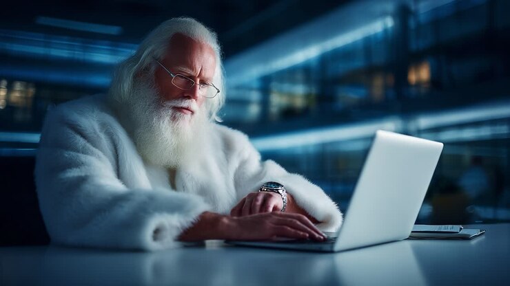 A Wise Figure in a White Fur Coat Engrossed in Technology, Capturing the Essence of Contrast Between Tradition and Modernity in an Elegant Setting with a Laptop