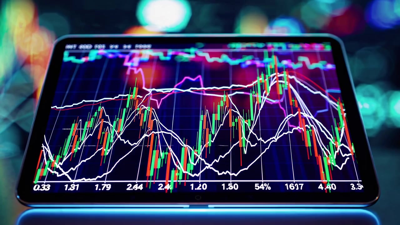 Grafici finanziari a candele in tempo reale su un tablet digitale