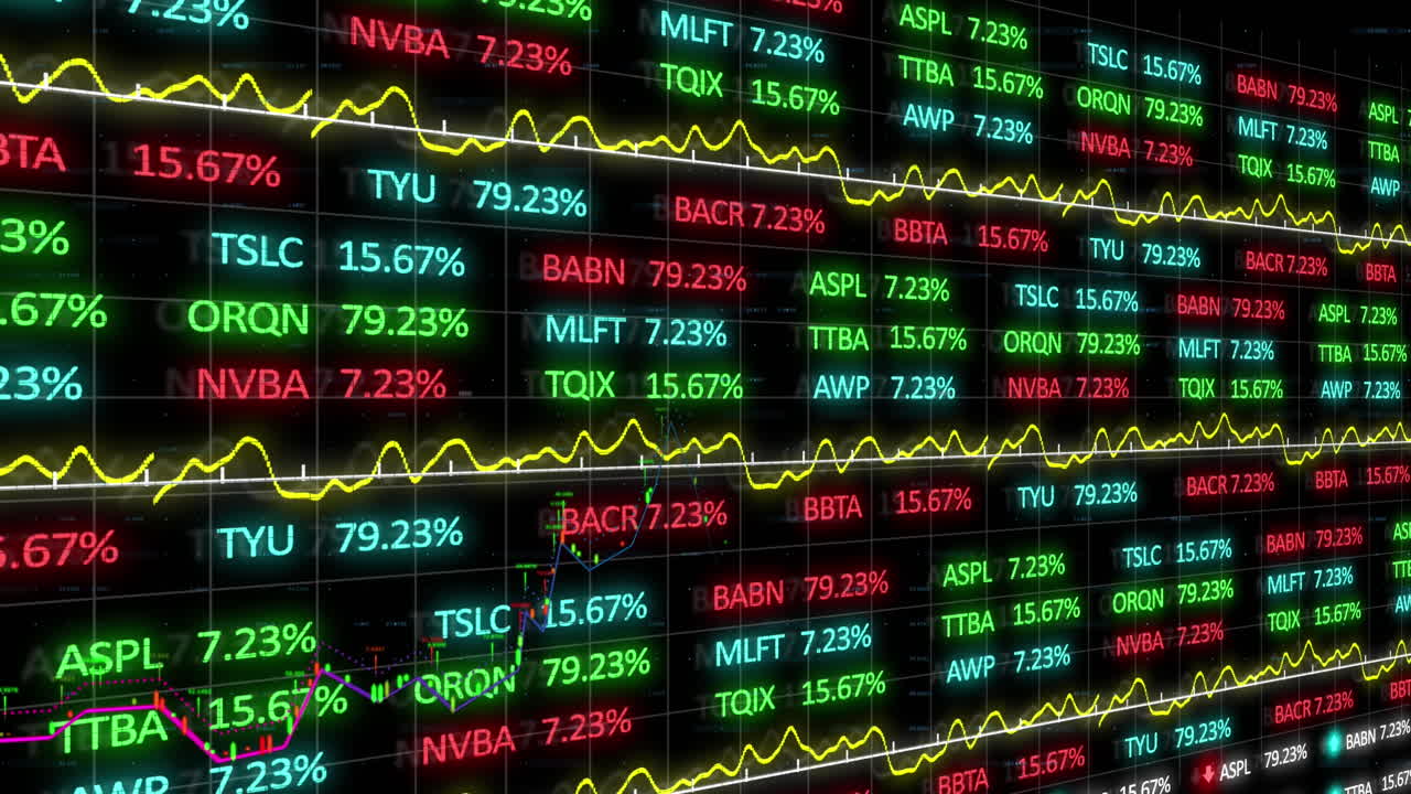 Animation of data processing and stock market over black background