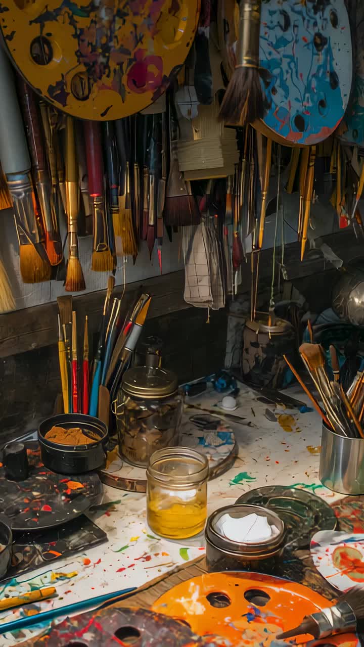 Video verticale: carrellata orizzontale che mostra un banco di lavoro artistico in uno studio con pennelli, palette e barattoli per mostrare gli strumenti