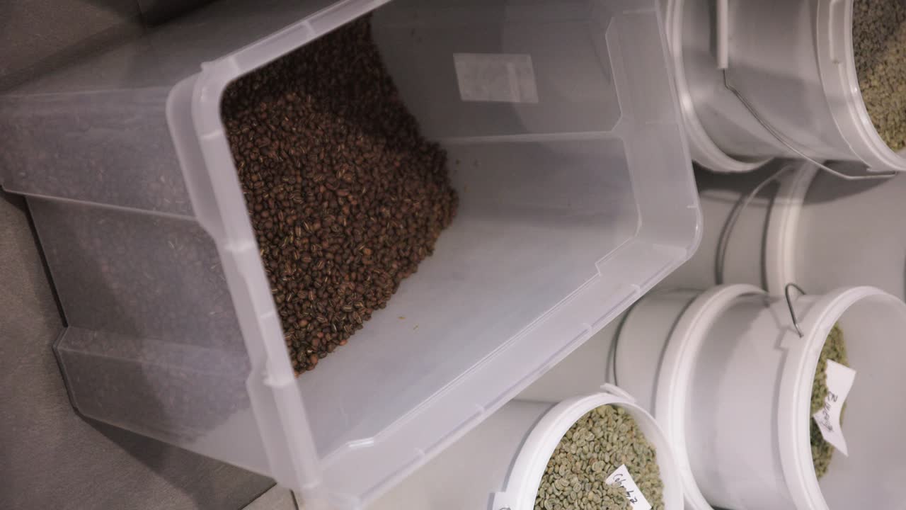 vertical, los granos de café tostados frescos se vierten en cámara lenta en un recipiente de almacenamiento transparente