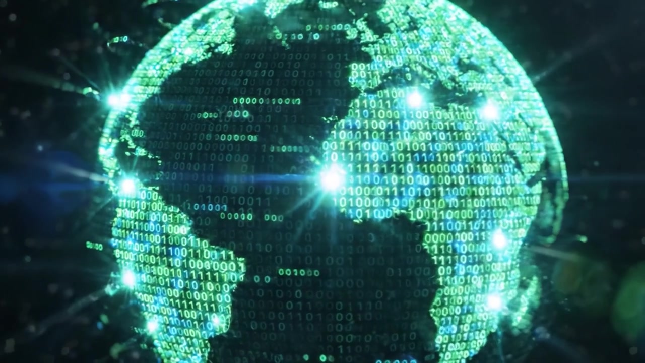Digital World Representation: A Global Perspective on Earth Rendered in Binary Code with Green Hues Capturing the Essence of Technology and Connectivity