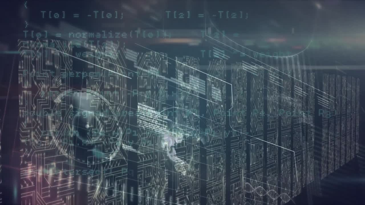 Animation of globe and data processing over server room