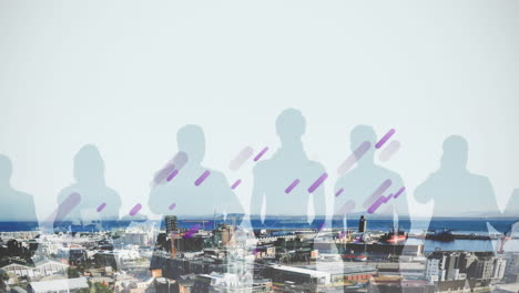 animation of purple light flares moving over silhouettes of business people and cityscape