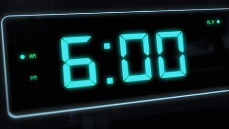 high quality cgi render of a digital alarm clock, with glowing pale blue numbers, ticking over from 5