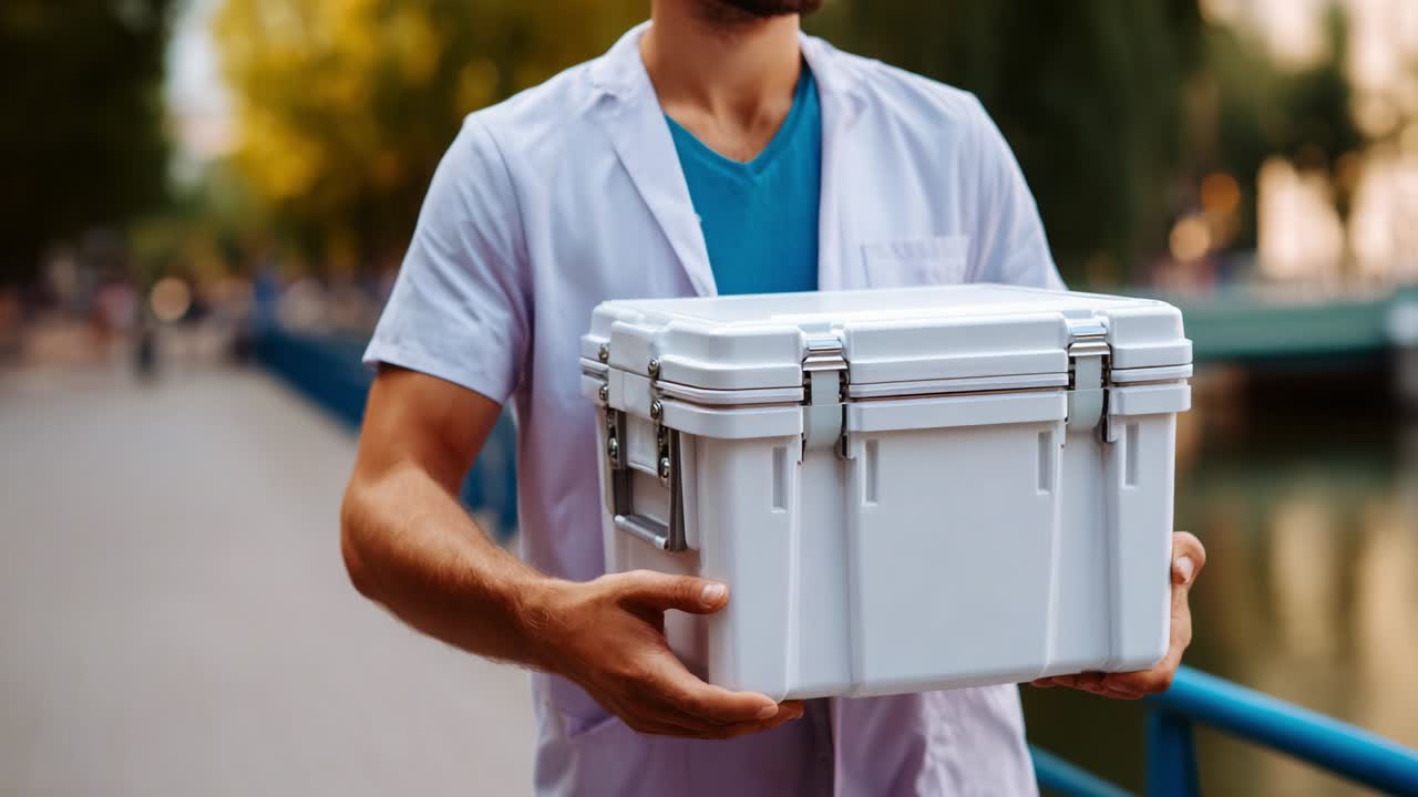 A person wearing a white coat holds a white medical transport box with confidence beside a calm river, with trees lining the pathway creating a serene atmosphere, emphasizing precision and care in handling