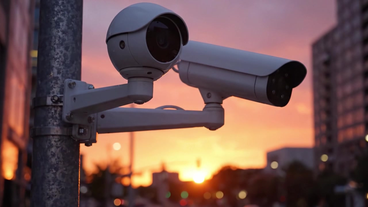 Telecamere di sorveglianza che si affacciano su una strada urbana al crepuscolo con vivaci colori del tramonto sullo sfondo, creando un'atmosfera dinamica di vita cittadina e sicurezza