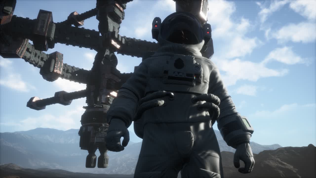 먼지와 안개로 가득 찬 다른 행성의 우주 비행사