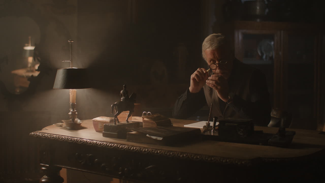 Older passionate man evaluates an old silver skull watch in his office at night