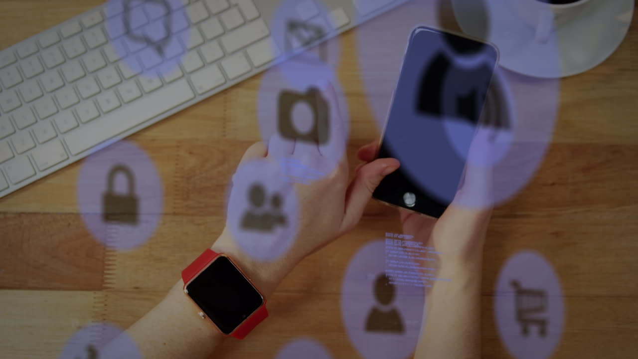 animación de iconos digitales en línea sobre mujer caucásica con teléfono inteligente y teclado