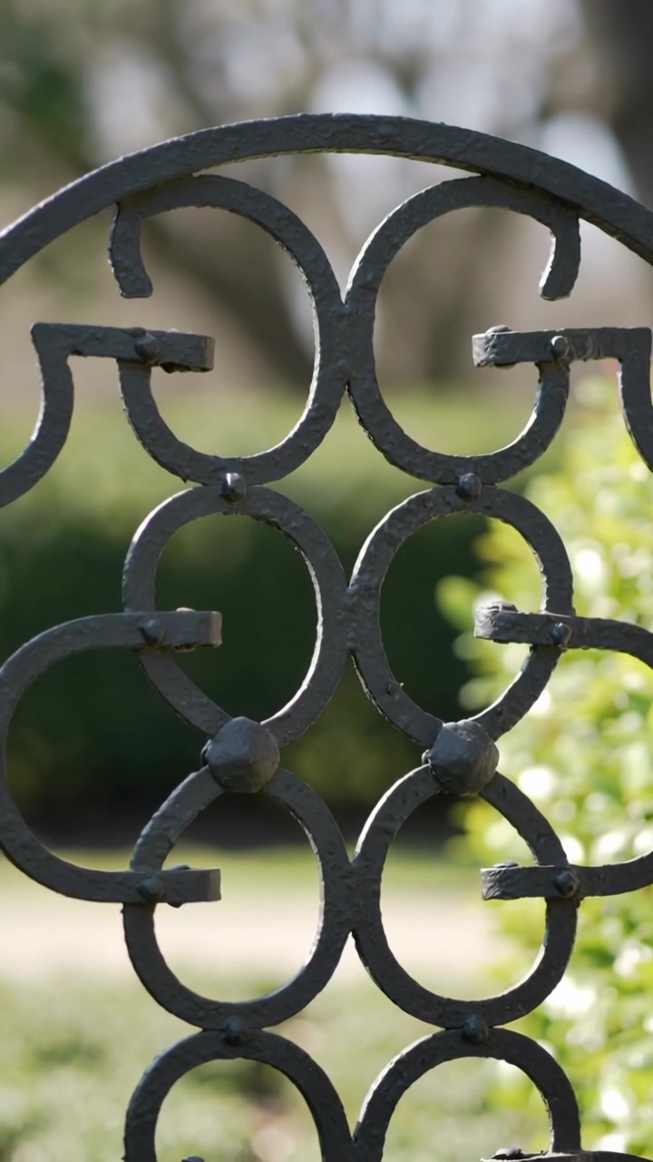 Vertical video: Adjusting focus and pushing, camera revealing iron gate in garden, showing detail