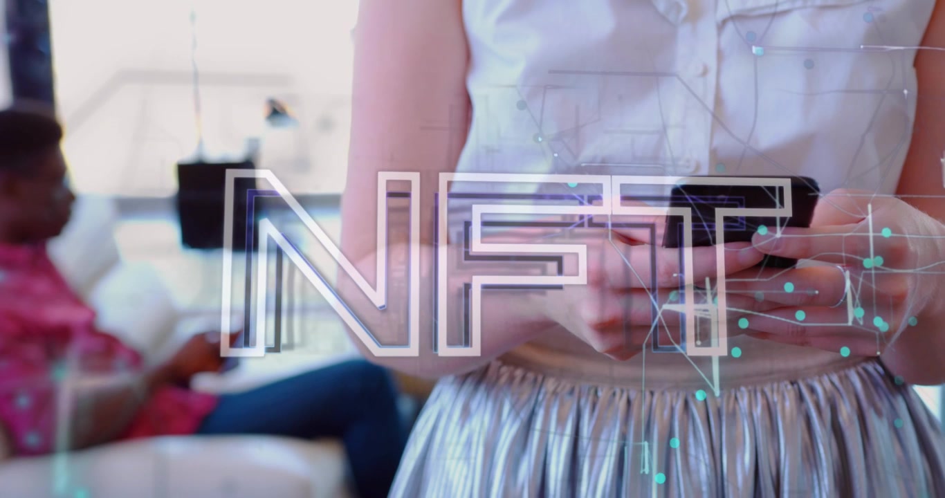 Woman Using Smartphone with NFT Digital Overlay in Office
