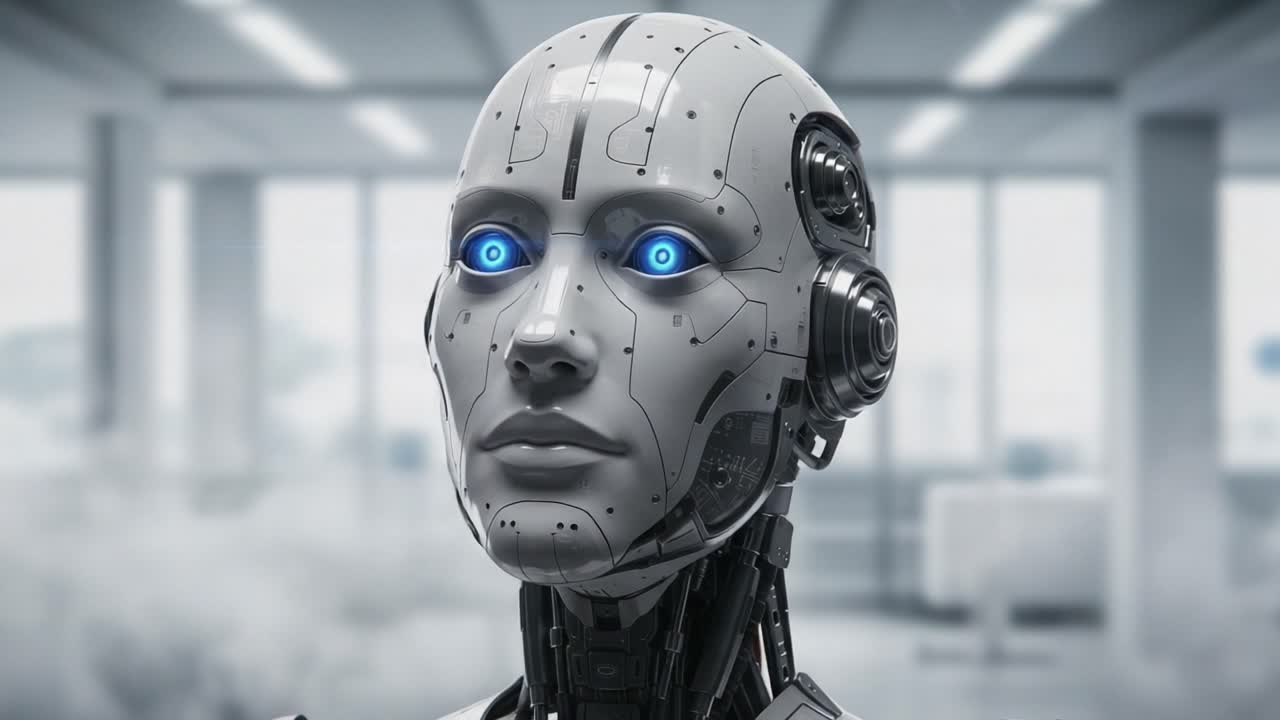 Un robot avanzato con sorprendenti occhi blu in un moderno ambiente di studio, che mostra le complessità dell'intelligenza artificiale e della tecnologia robotica.