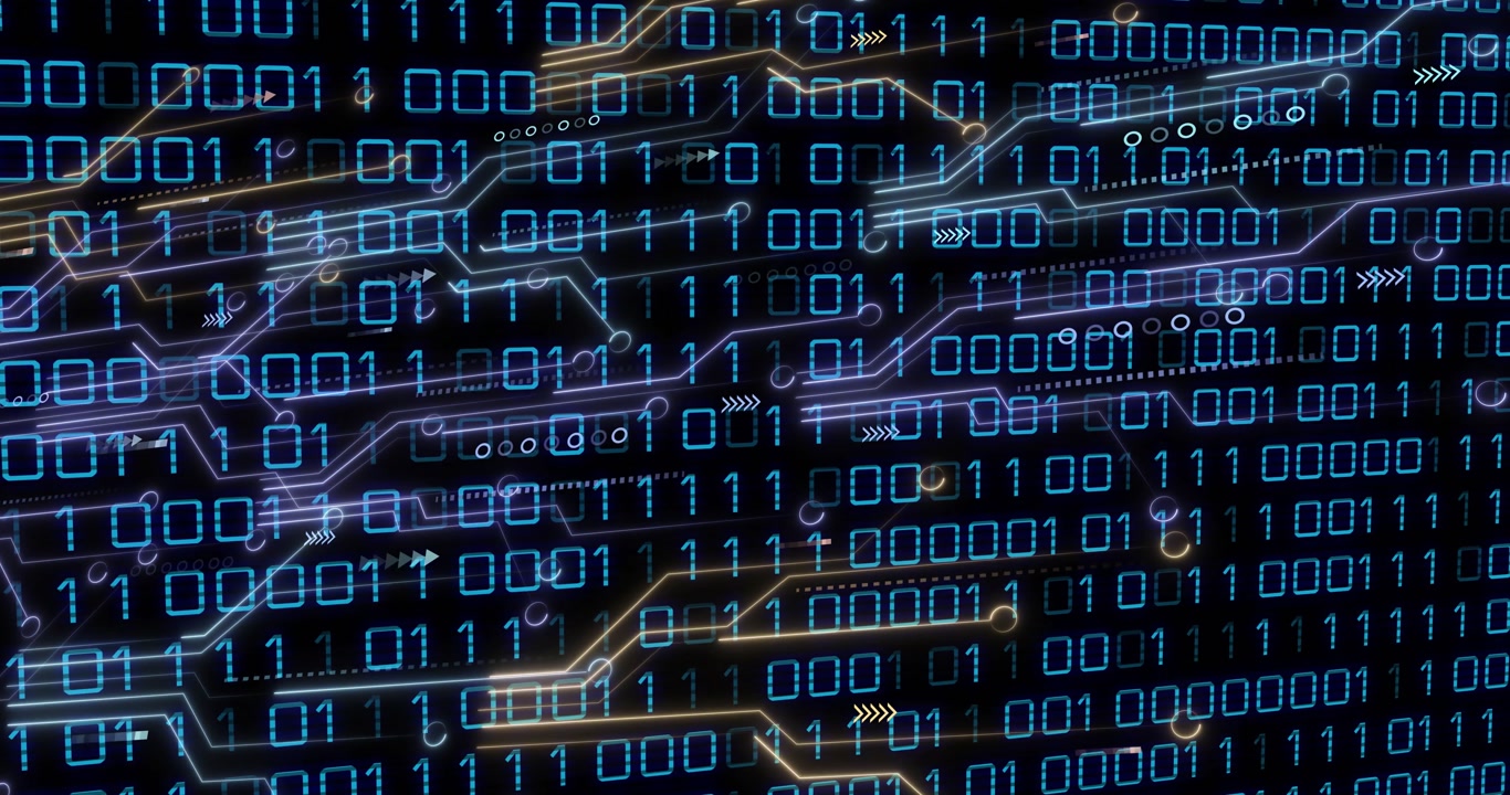 Abstract digital circuitry animating over interface, displaying glowing binary code and neon paths