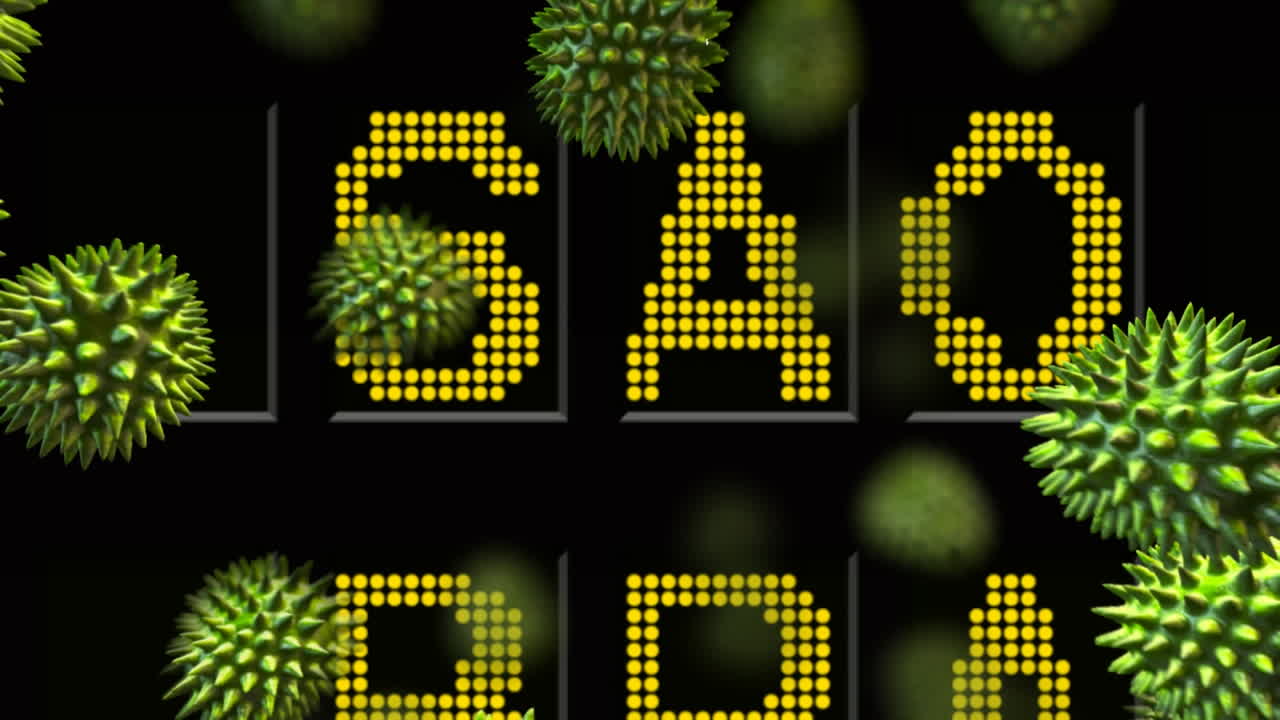 цифровая анимация нескольких клеток covid-19, плавающих на информационной доске аэропорта