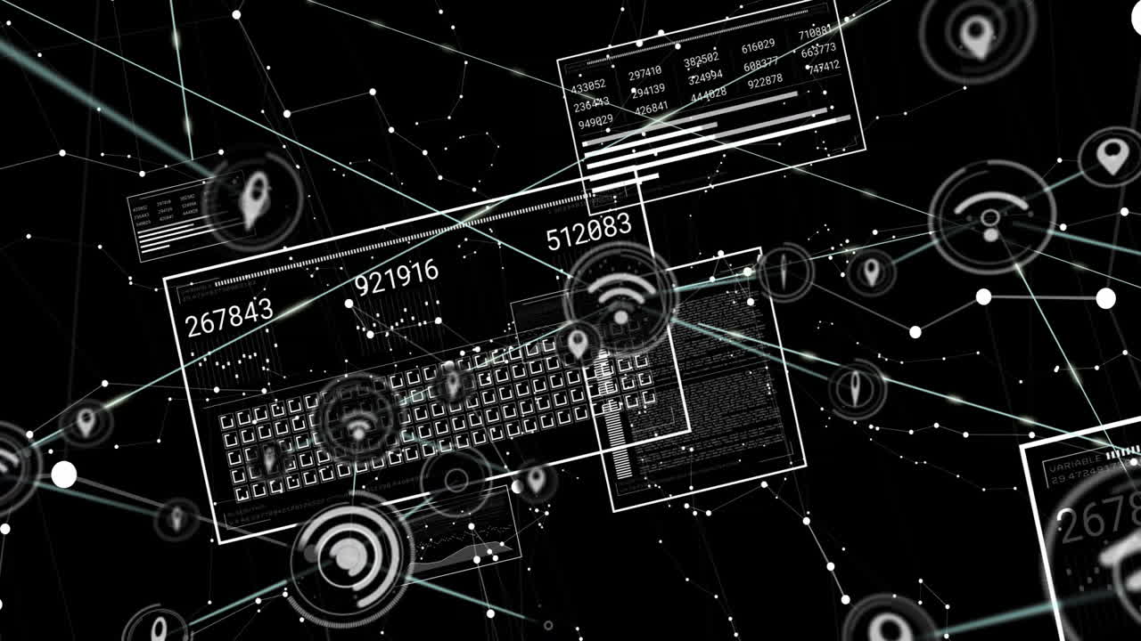Digital network connections processing data animation on abstract black background