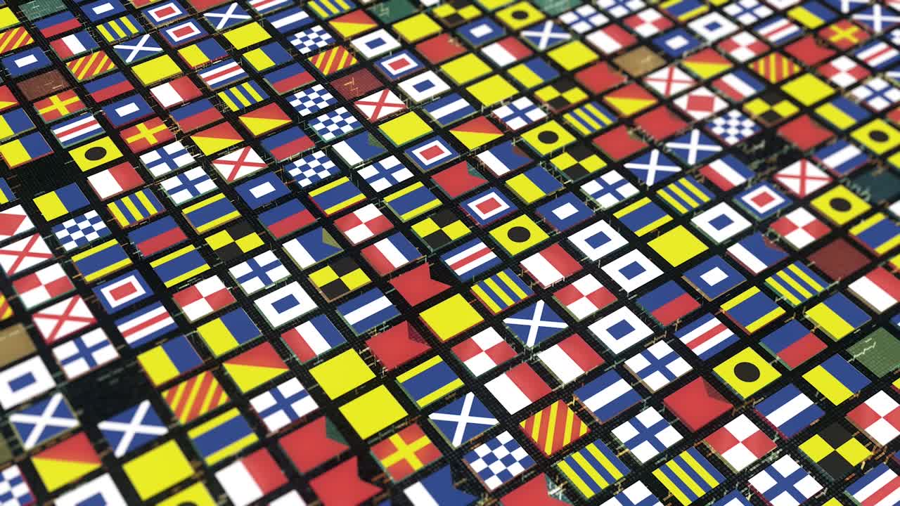 filas abstractas de banderas de diferentes países que fluyen sobre un fondo negro, bucle sin costuras. animación. iconos de banderas voladoras, concepto de cooperación y comunión