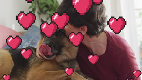 animación de iconos de corazón rojo sobre mujer caucásica con perro mascota