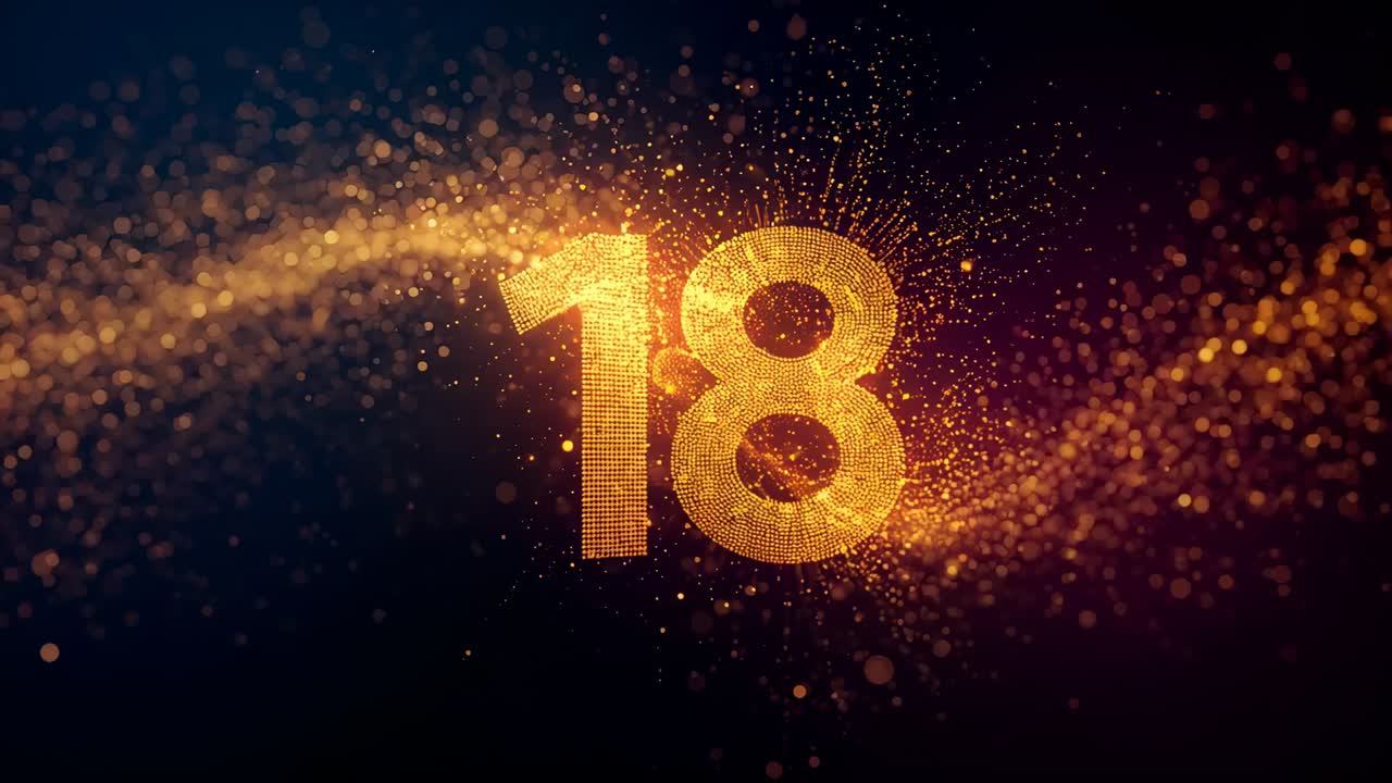 Sweeping particle stream initiating golden 18 forming on navy gradient, revealing sparkles