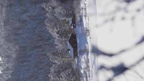 Vertical-View-Of-A-Cottage-In-Winter-Near-Dense-Forest-Mountains-In-Norway