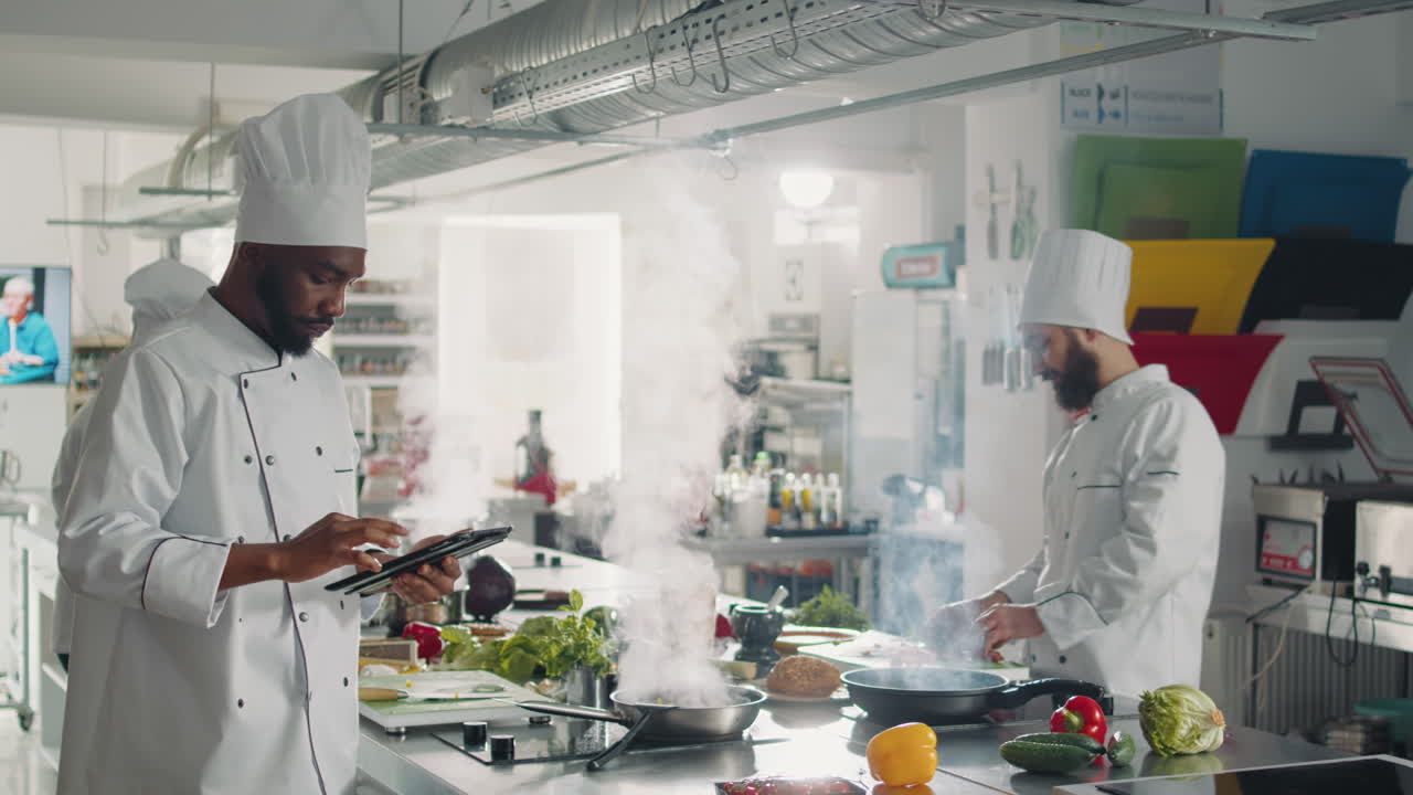 African american cook searching gourmet recipe on digital tablet