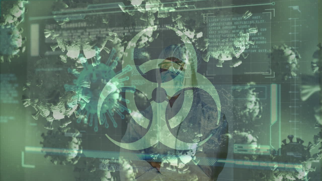코로나 세포의 애니메이션 남성 의사가 의료 데이터 처리로 화면을 보고 있습니다.
