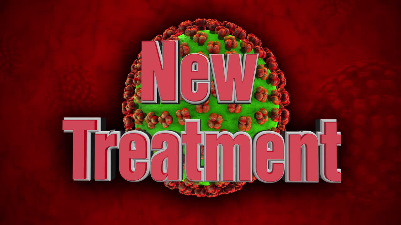 배경에 모의 바이러스 세포가 있는 동적 3d covid-19 새로운 치료 제목 애니메이션