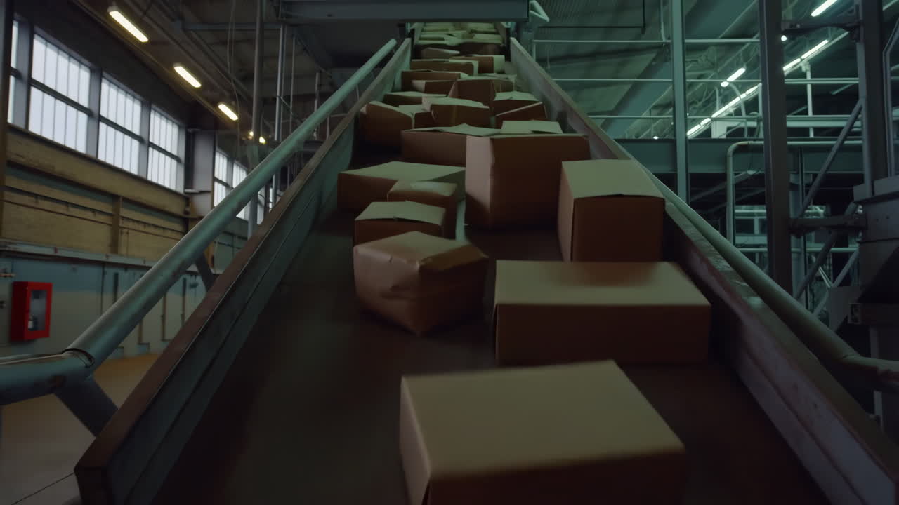 Cardboard boxes moving along a conveyor belt in an industrial facility