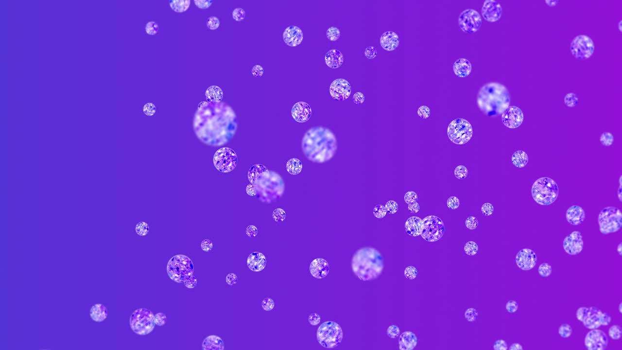 보라색 배경에 많은 은 크리스탈 구를 날아. 투명, 다채로운 유리. 반이는 공 회전의 3d 애니메이션. 루프 애니메이션.