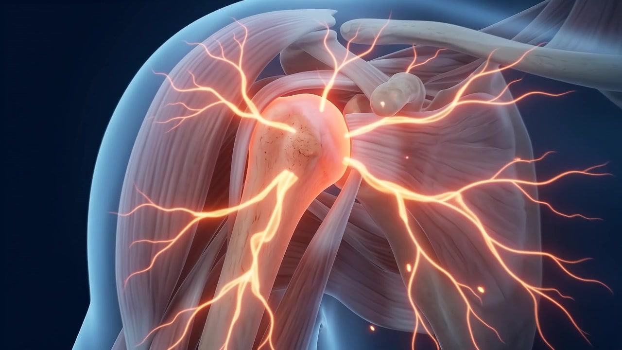 Animación médica 3D del dolor e inflamación de la articulación del hombro humano