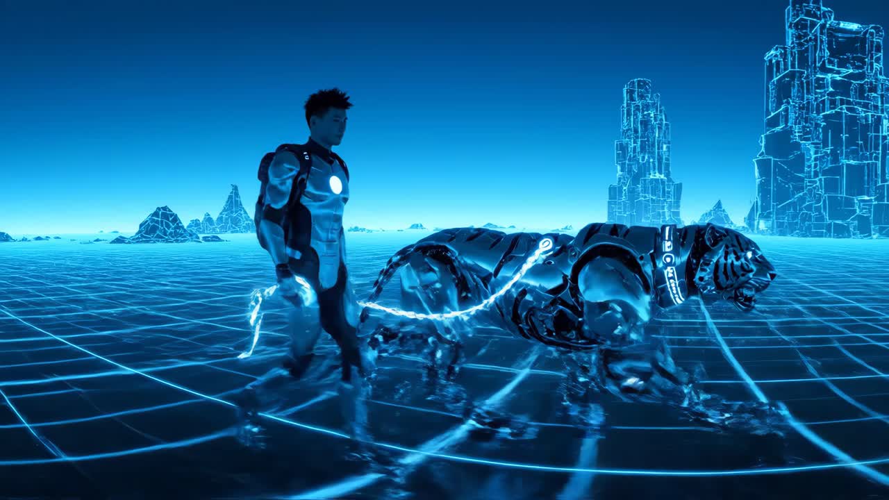 Futuristic Cyberpunk Scene with Man and Hologram Tiger
