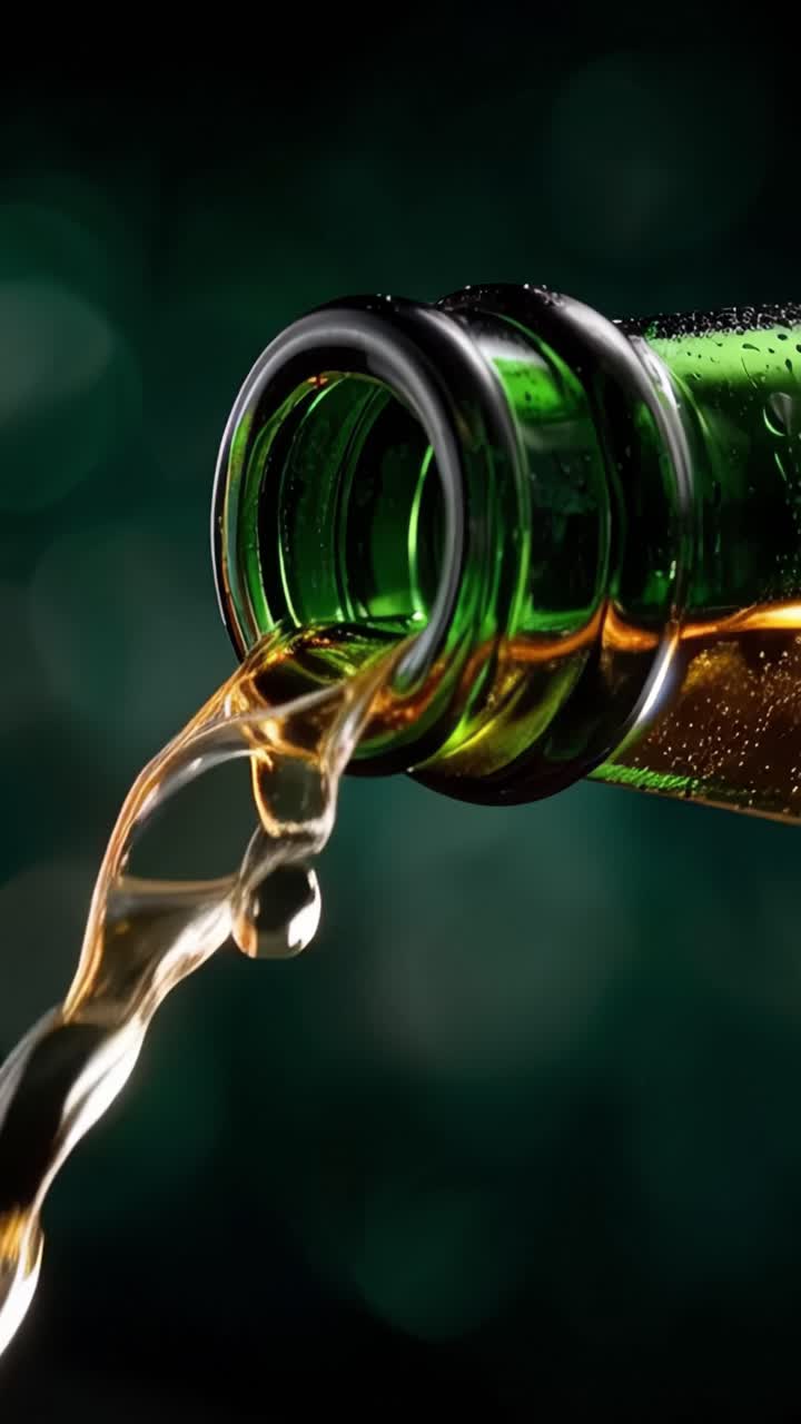 Primo piano accattivante di una bevanda rinfrescante versata da una bottiglia di vetro verde con liquido frizzante su uno sfondo sfocato.