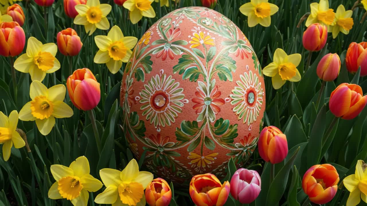 A Beautifully Decorated Easter Egg Amidst a Vibrant Flower Bed Featuring Yellow Daffodils and Colorful Tulips, Celebrating Spring with Floral Elegance