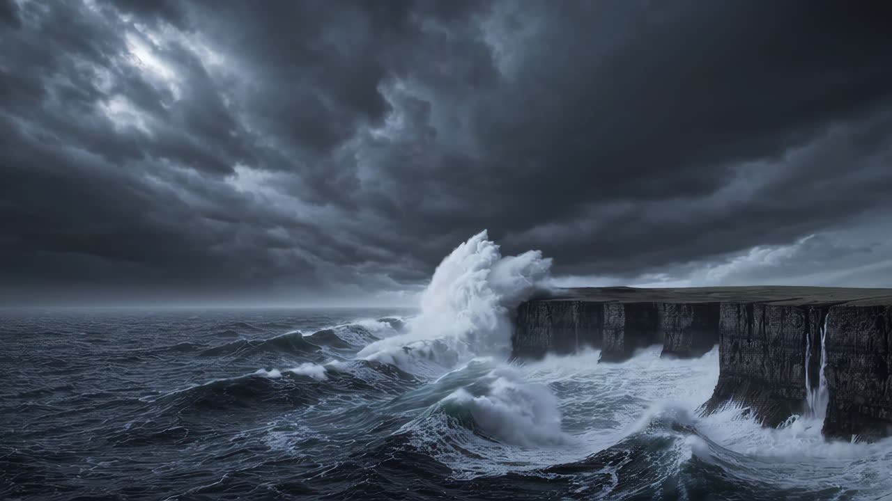 Stormy Ocean Waves Crashing Against Cliffs