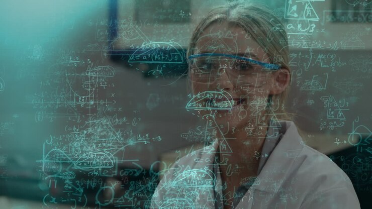 Animation von mathematischen Gleichungen über einer kaukasischen Wissenschaftlerin im Labor