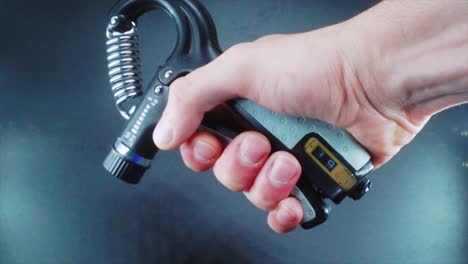 a close up shot of a man hand squeezing a arm clamp trainer, 4k video, fitness sport, slow motion