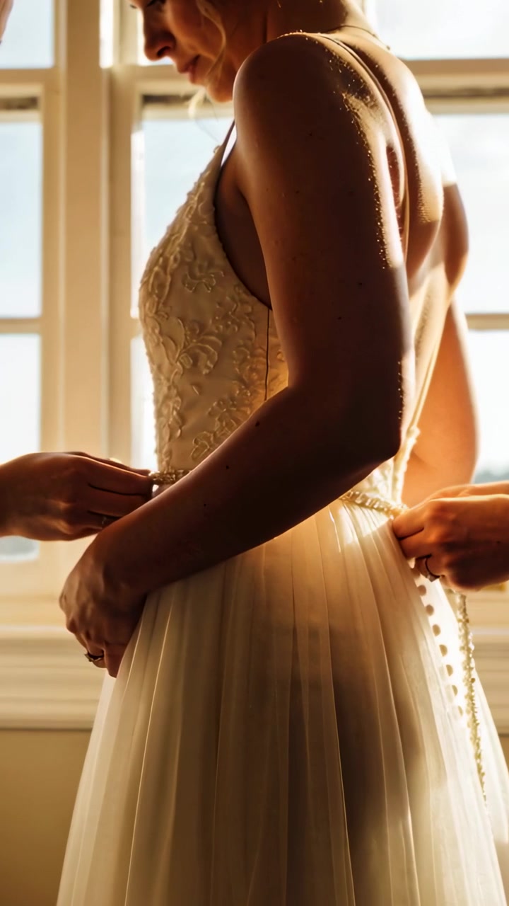 Vertical video: Helpers gathering fabric, two fastening buttons on bride gown for wedding at window