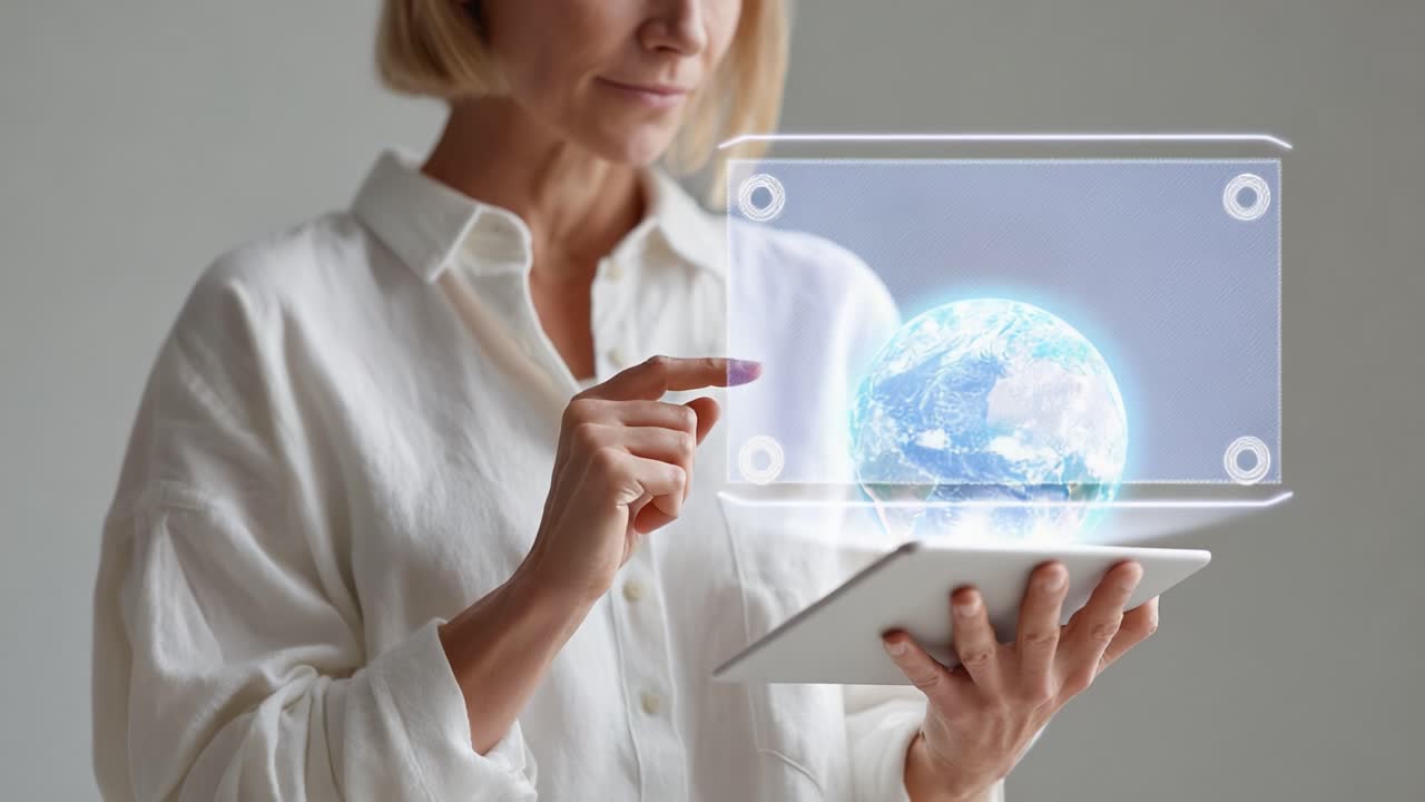 A Woman Interacting with a Digital Earth Projection on a Tablet, Showcasing Advanced Technology and Virtual Reality Concepts in Modern Life