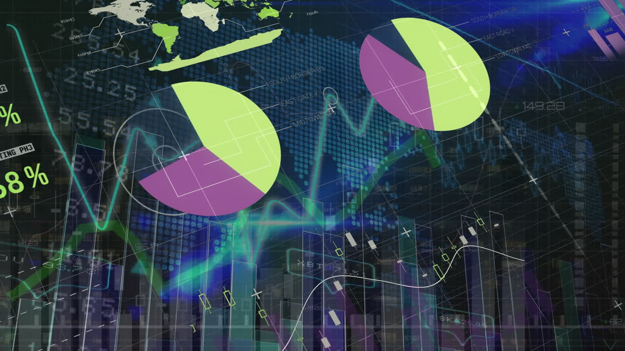 Animation of data processing over world map on black background