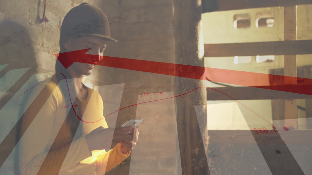 Person in helmet using smartphone with financial graph animation overlay