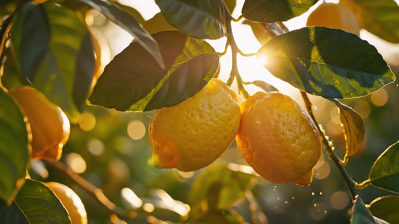 Limoni freschi e maturi appesi al ramo alla luce dorata del sole